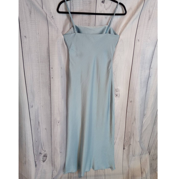 House of Harlow | Baby Blue Matte Satin Spaghetti Strap Ruched Midi Slip Dress - Picture 5 of 12